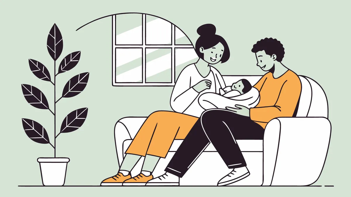 Illustration of two new parents smiling at their baby together on a couch at home