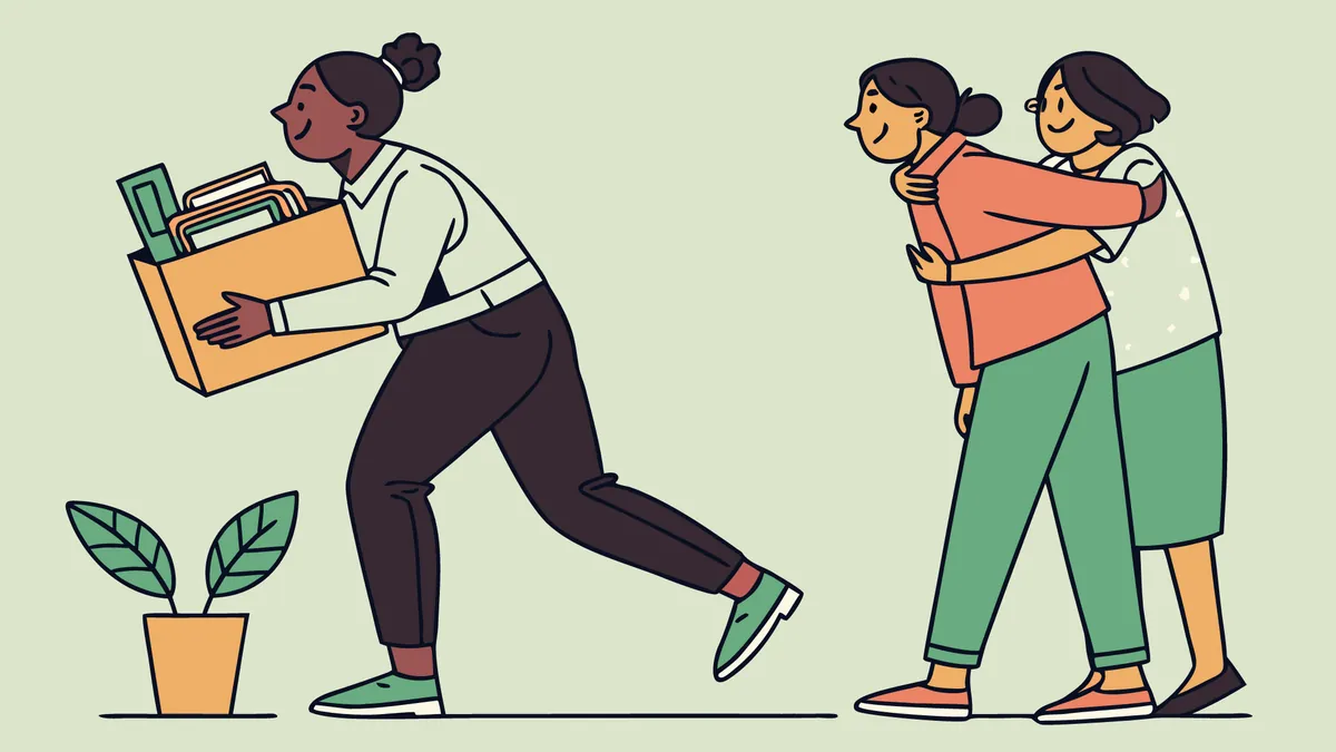 Illustration of a worker carrying a box of desk things out of work while two friends hug for support
