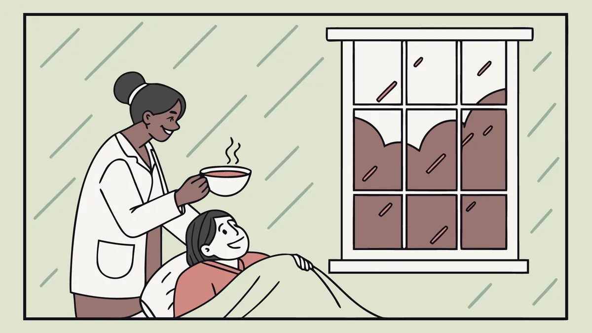 Illustration of a person resting in bed by a rainy window while someone brings them a hot drink