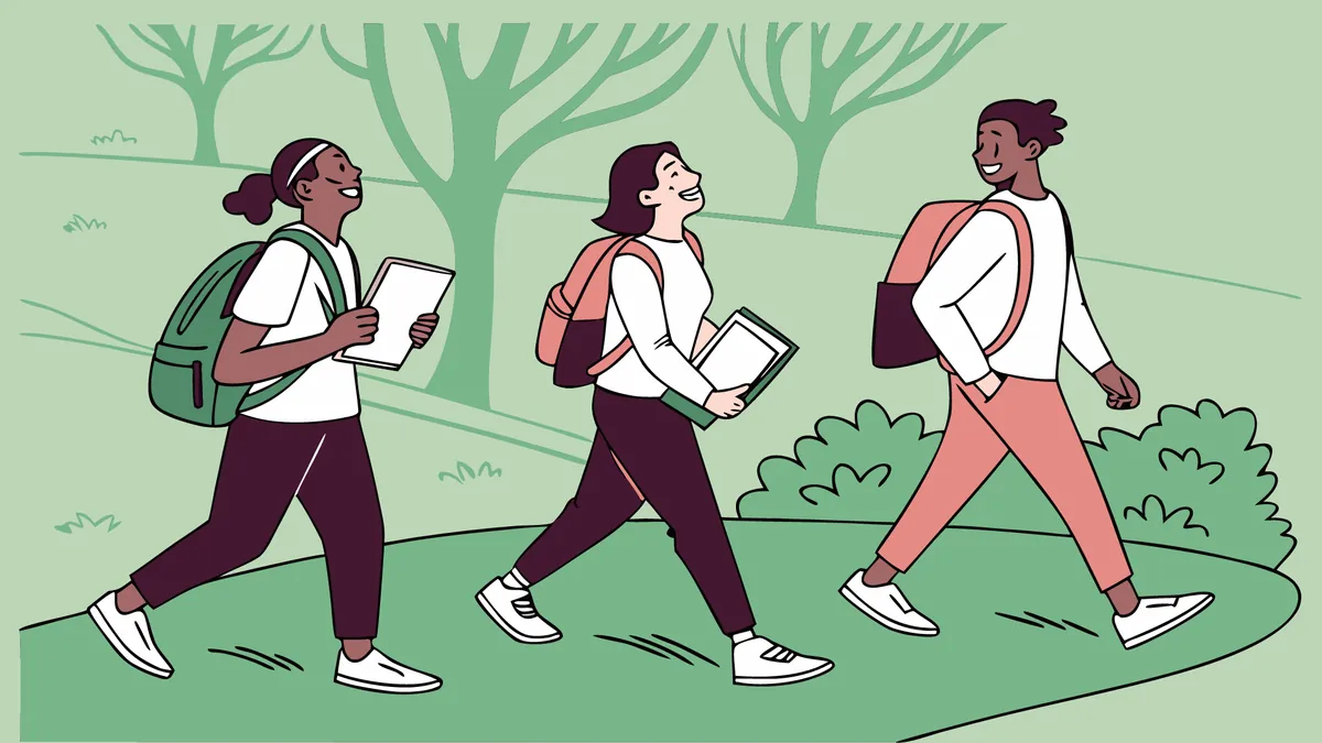 Illustration of three students with backpacks and tablets walking across a park
