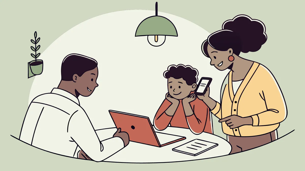 Illustration of a family comparing power plans together on a laptop and phone at the kitchen table