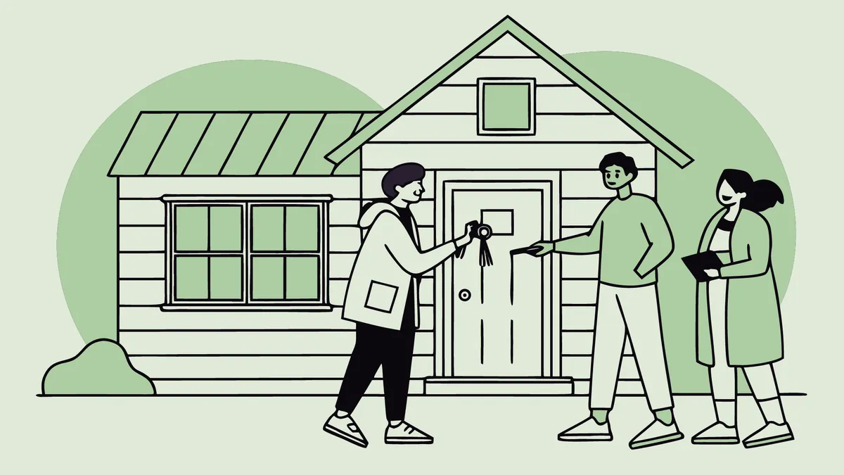 Illustration of a tenant receiving the keys to a weatherboard house from a landlord and agent