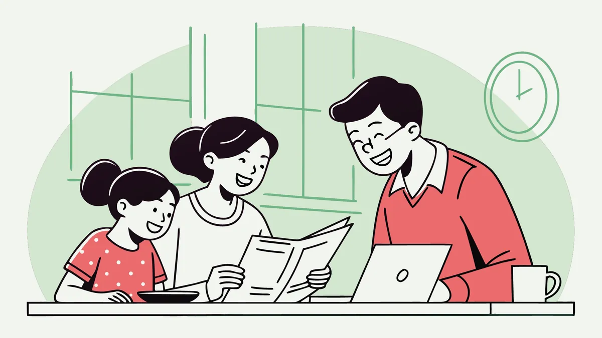 Illustration of a family at the kitchen table reading their Working for Families letter with a laptop open